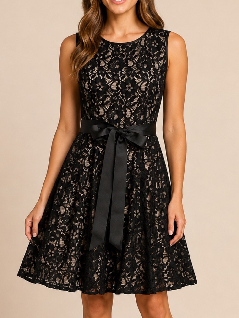 Betsy & Adam Black Lace Fit & Flare Cocktail Party Dress Ribbon Bow Size 4